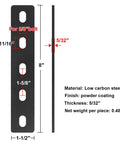 Heavy Duty 6 Pack Of 8 X 1 1/2 Inch Mending Plates For Wood Repair And Brace Work Featuring Slotted Holes For 3/8 Inch Bolts crafted from low carbon steel, 5/32" thick.