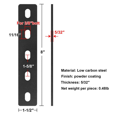 Heavy Duty 6 Pack Of 8 X 1 1/2 Inch Mending Plates For Wood Repair And Brace Work Featuring Slotted Holes For 3/8 Inch Bolts crafted from low carbon steel, 5/32" thick.