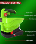 Rechargeable Lawn Seed Spreader 7.2V With 2000mAh Battery And USB Charging Cable showing controls and settings