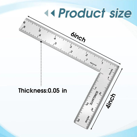 Real Deal Stainless Steel L Square Framing Ruler 4 By 6 Inch 90 Degree Layout Tool showing measurements and thickness.