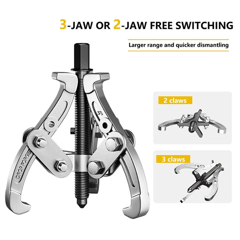 Heavy Duty 2 Or 3 Jaw Bearing Puller, 5.5 Ton 10 Inch Forged Carbon Steel Beast, showing 3-jaw and 2-jaw configurations for versatility.