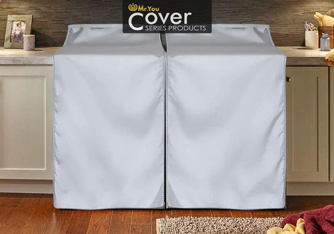 Heavy Duty Outdoor Indoor Washing Machine Cover With Waterproof UV Shield Universal Top And Front Load Fit All Weather Washer Dryer Cover In Silver Protects From Rain Sun Snow And Rust 29W X 28D X 40H shown on dual appliances indoors