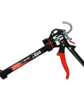 Extreme Duty 9 Inch Caulk Gun Workhorse with 26 To 1 Thrust Ratio and 950 Lb Force, featuring ergonomic rubber grip and revolving barrel.