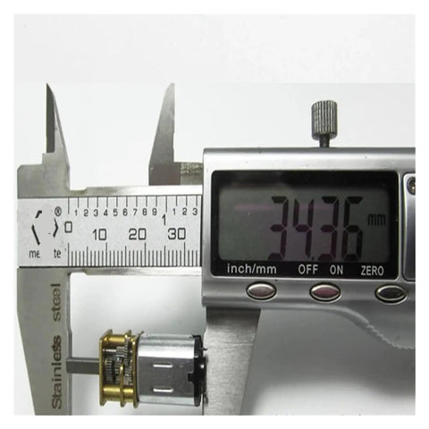 Ga12 N20 12Mm DC Gear Reduction Motor 3V 6V 12V 200Rpm Compact Drive Unit shown on digital caliper measuring 34.36mm.