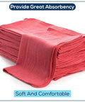 Stack of red cotton shop towels 145 pack, 12x14 inches, commercial grade cleaning rags for auto shop and workshop use.