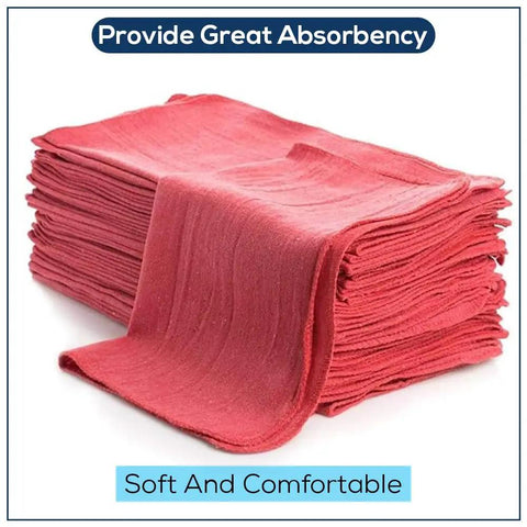 Stack of red cotton shop towels 145 pack, 12x14 inches, commercial grade cleaning rags for auto shop and workshop use.