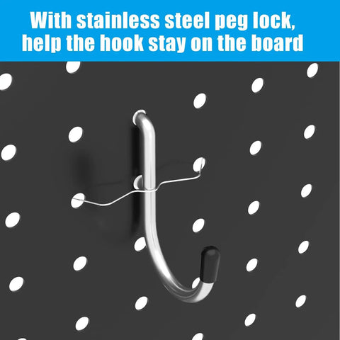 Metal hook with peg lock from 157 Piece Extra Thick Pegboard Hook Set on quarter inch pegboard, ideal for garages.