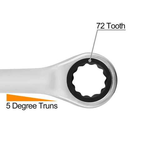Close-up of 13mm ratchet wrench showing 12-point 72-tooth design for 5 degree turn, part of 4 Piece 13mm 12Pt Ratchet Wrench Set