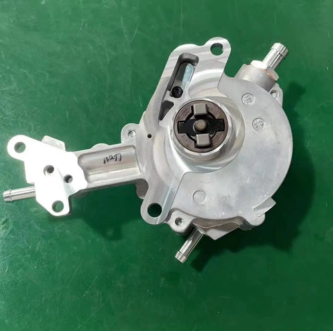 Heavy Duty Dual Automotive Vacuum Pump Assembly With Rock Solid Silver Build For Reliable Fluid Transfer Compact Industrial Setup shown from top angle, featuring aluminum body and connection ports.