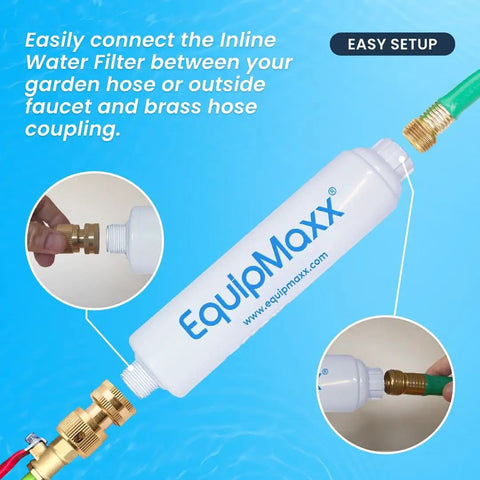 Deionized Inline Water Filter For Streak Free Car Wash And Yard Jobs Three Quarter Inch Quick Attach Fittings With Tds Meter showing easy setup with brass hose coupling.