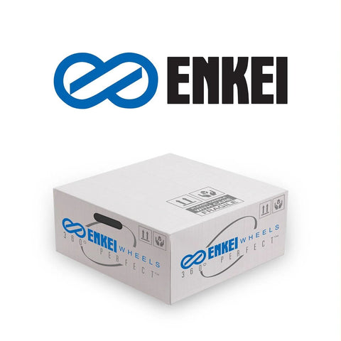 Enkei EDR9 17x7 matte black wheels on a white box, 4x100/108 bolt pattern.