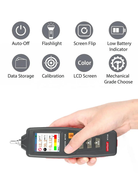 Handheld Vibration Meter And Digital Vibration Analyzer - Portable Vibrometer With Piezoceramic Accelerometer in hand, LCD display and features