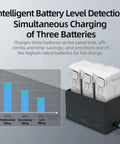 Three Battery Charging Hub For DJI Mini 3 Mini 3 Pro And Mini 4 Pro Drones Fast Charge Dock with battery levels and efficiency chart