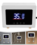 No Sweat Instant Tankless Water Heater Featuring Straight Up 3000W Heating Elements with digital temperature display and wall mount design.