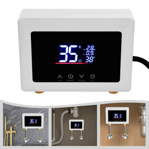 No Sweat Instant Tankless Water Heater Featuring Straight Up 3000W Heating Elements with digital temperature display and wall mount design.