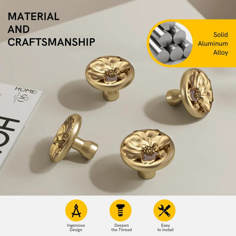 20 Pack Flower Drawer Knobs Set Brushed Brass For Dresser Closet And Cabinets, 1.42 Inch Diameter, 1.02 Inch Height on table