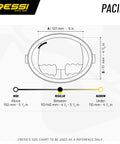 Size chart for Retro Style Freediving Mask With Oval Tempered Glass Lens showing dimensions and skirt size options.