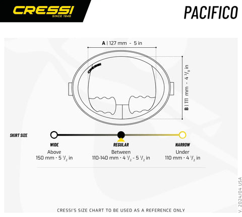 Size chart for Retro Style Freediving Mask With Oval Tempered Glass Lens showing dimensions and skirt size options.