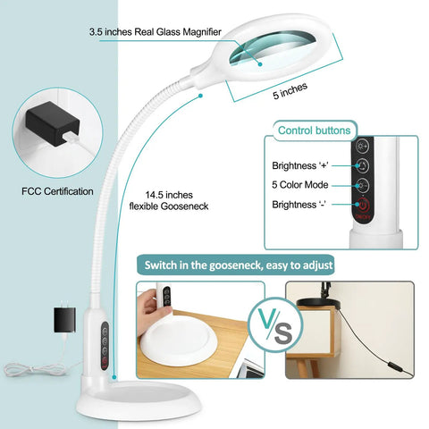 10X Magnifying Glass With Light And Clamp, flexible gooseneck LED desk lamp showing adjustable arm and control buttons