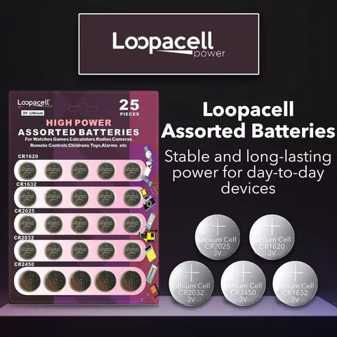 High Octane 3V Lithium Button Cell Battery Assortment With Cr2032 Cr2025 Cr2450 Cr1620 Cr1632 25 piece pack on display