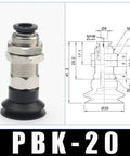 Get your hands on these industrial grade pbk-20 black pneumatic manipulator suction cups for heavy lifting showing detailed dimensions.