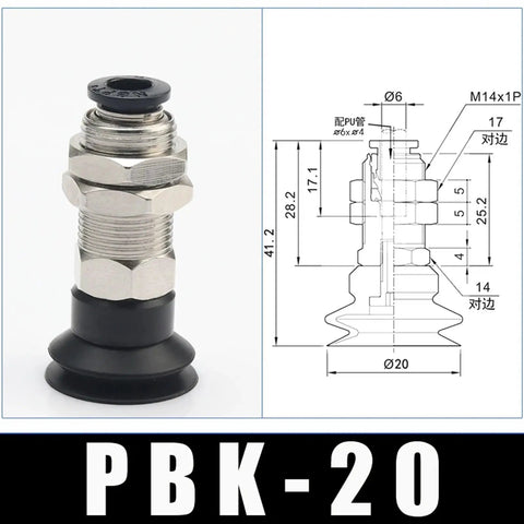 Get your hands on these industrial grade pbk-20 black pneumatic manipulator suction cups for heavy lifting showing detailed dimensions.