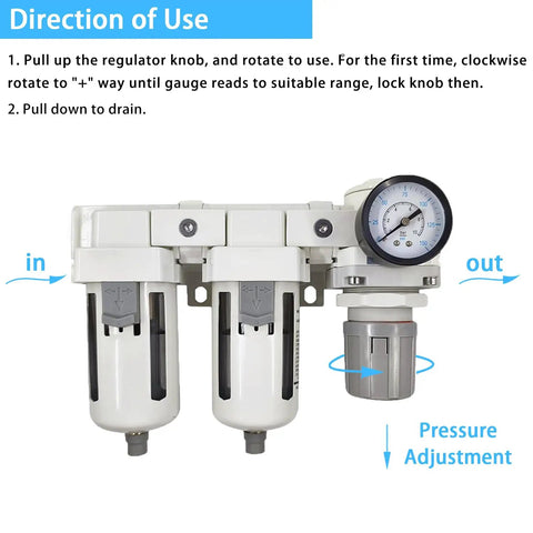 Half Inch NPT Air Filter Regulator Combo With Water And Oil Trap Separator And Air Dryer System, 0 To 150 Psi Pressure Gauge
