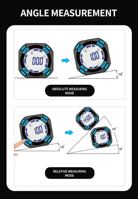 Solid As A Rock Five Side Magnetic Digital Angle Finder With Built In Laser Level And Rechargeable Backlit Display For Table Saw Miter Woodworking Projects displayed in absolute and relative measuring modes.
