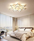 Dimmable LED Flower Ceiling Light With Five Petal Heads Modern Flush Mount Chandelier in bedroom setting, metal and acrylic design.