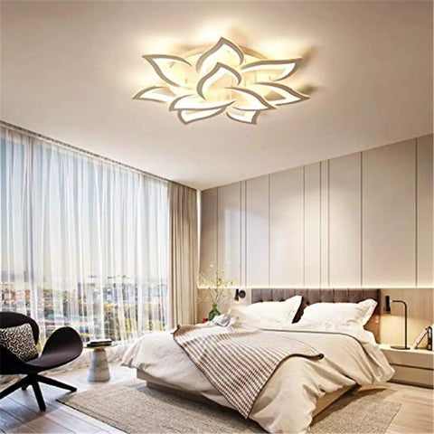Dimmable LED Flower Ceiling Light With Five Petal Heads Modern Flush Mount Chandelier in bedroom setting, metal and acrylic design.