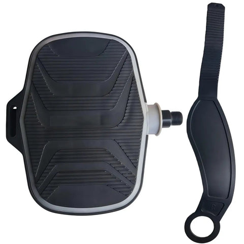 Spin Bike Pedals With Adjustable Straps, Nine Sixteen Inch Spindle, Compatible With Peloton Schwinn Sunny Indoor Bikes, shown with non-slip grip and PVC strap.