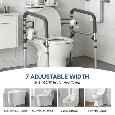 Solid Heavy Duty Toilet Safety Rails For Seniors Adjustable Height And Width 350 Pounds Rust Resistant Aluminum Bathroom Support Frame in bathroom setting.
