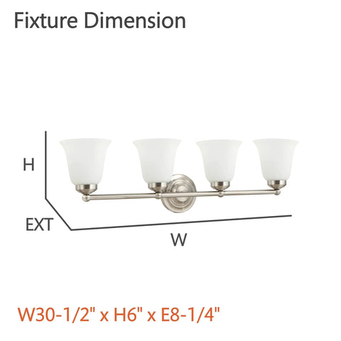 Four Light Bathroom Vanity Light With Satin Nickel Finish And Frosted Glass Shades, 30.5 Inch Wide dimensions diagram