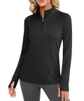 Cozy Womens Quarter Zip Fleece Lined Pullover With Thumb Holes Lightweight Thermal Long Sleeve V Neck Shirt For Running Or Gym Black Size Large