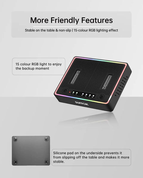 Dual Bay M.2 SSD Cloner Docking Station Offering 20Gbps Offline Duplication For Nvme To Nvme And Sata Drives With One Button Operation showing RGB lighting.