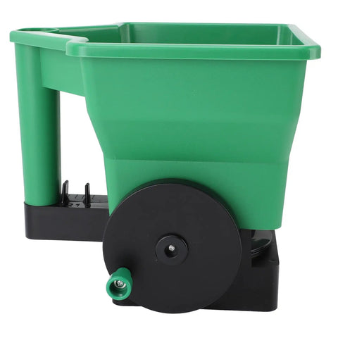 Green Handheld 3L Manual Lawn Spreader For Fertilizer And Salt Compact Portable Yard Care Tool showing side view with black wheels.