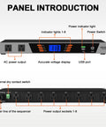 High Grade 10 Outlet Rackmount Power Conditioner And Sequencer showing front panel with AC outputs and voltage display.