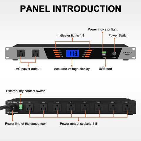 High Grade 10 Outlet Rackmount Power Conditioner And Sequencer showing front panel with AC outputs and voltage display.