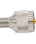 Close-up of UHF SO239 Male To F Type Antenna Adapter with nickel-plated brass and gold-plated contact for TV and WiFi devices.