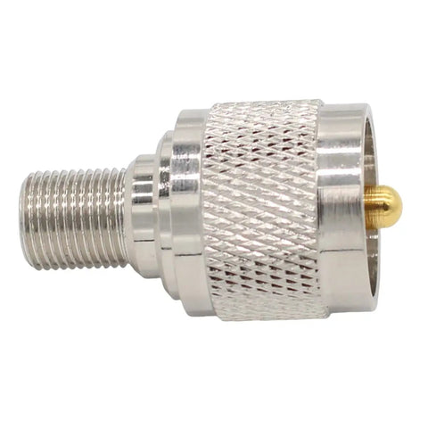 Close-up of UHF SO239 Male To F Type Antenna Adapter with nickel-plated brass and gold-plated contact for TV and WiFi devices.