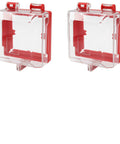 Two Pack Emergency Stop Push Button Lockout Cover Kit With Transparent Red Heavy Duty Resin Guard Removable Base And Dual Lock Holes