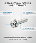 Top Tier 304 Stainless Steel Pan Head Combo Screws With Integrated Washers, M1.6 To M2 Micro Assortment, close-up view.