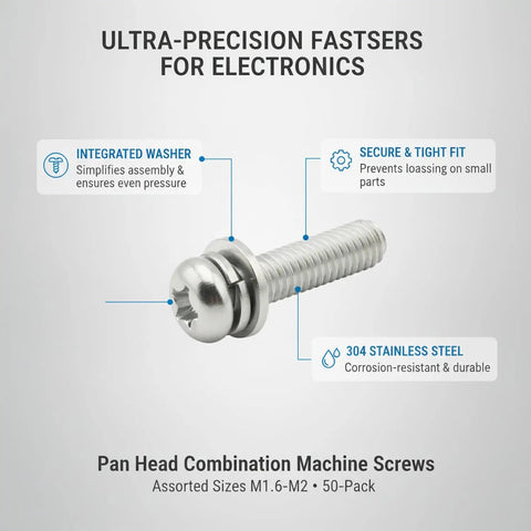 Top Tier 304 Stainless Steel Pan Head Combo Screws With Integrated Washers, M1.6 To M2 Micro Assortment, close-up view.