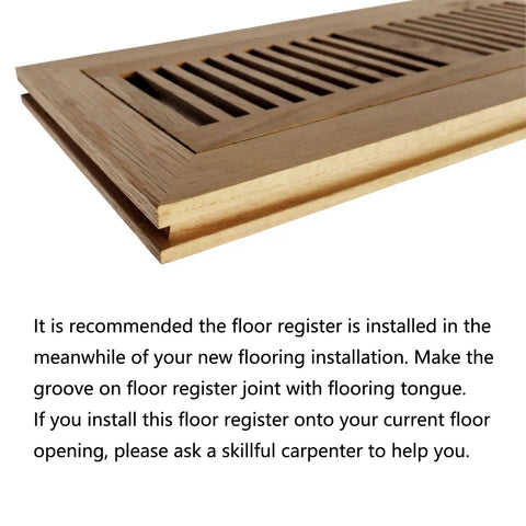 White Oak Wood Floor Register 4x12 Inch Unfinished Flush Mount Vent With Damper Durable Frame angled view