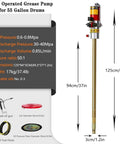 Pro Grade Pneumatic Grease Pump For 55 Gallon Oil Drums with specifications and air oil discharge features displayed.