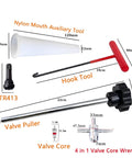 Tire Valve Stem Removal And Core Replacement Tool Kit highlighting valve core remover, disassembler, and replacement cores.