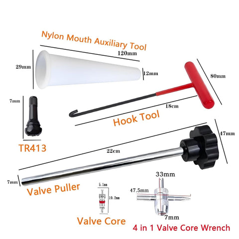 Tire Valve Stem Removal And Core Replacement Tool Kit highlighting valve core remover, disassembler, and replacement cores.