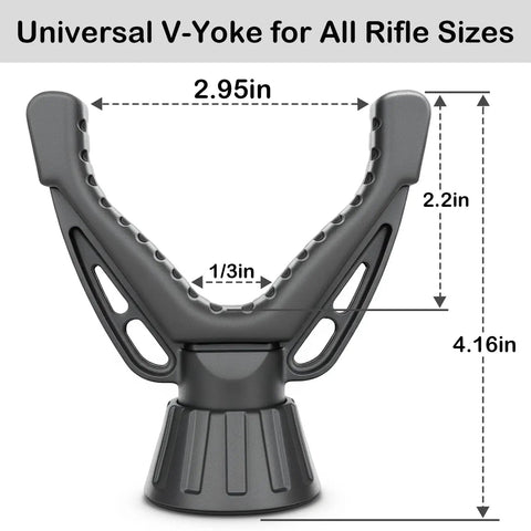 360 Degree Rotating V Yoke Rifle Rest with dimensions for Shooting Sticks, Tripods and Monopods, rock solid stability