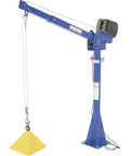 Top Shelf Electric Jib Crane With Two Thousand Pound Capacity And Full Three Sixty Rotation Built Tough For Crushing Heavy Loads Inside Warehouses Trucks Or Shipping Docks, with a yellow load hook.
