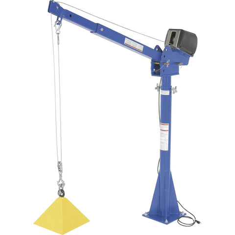 Top Shelf Electric Jib Crane With Two Thousand Pound Capacity And Full Three Sixty Rotation Built Tough For Crushing Heavy Loads Inside Warehouses Trucks Or Shipping Docks, with a yellow load hook.